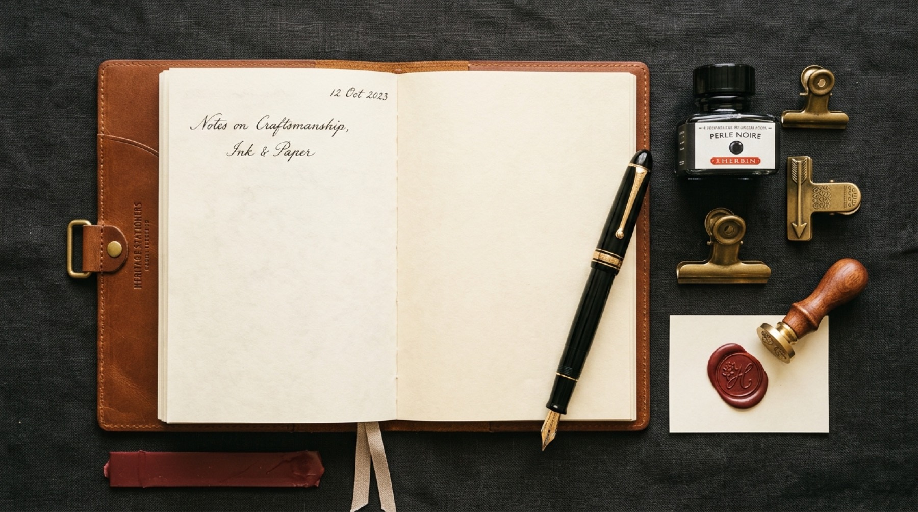 Journal open on a desk next to a fountain pen and ink